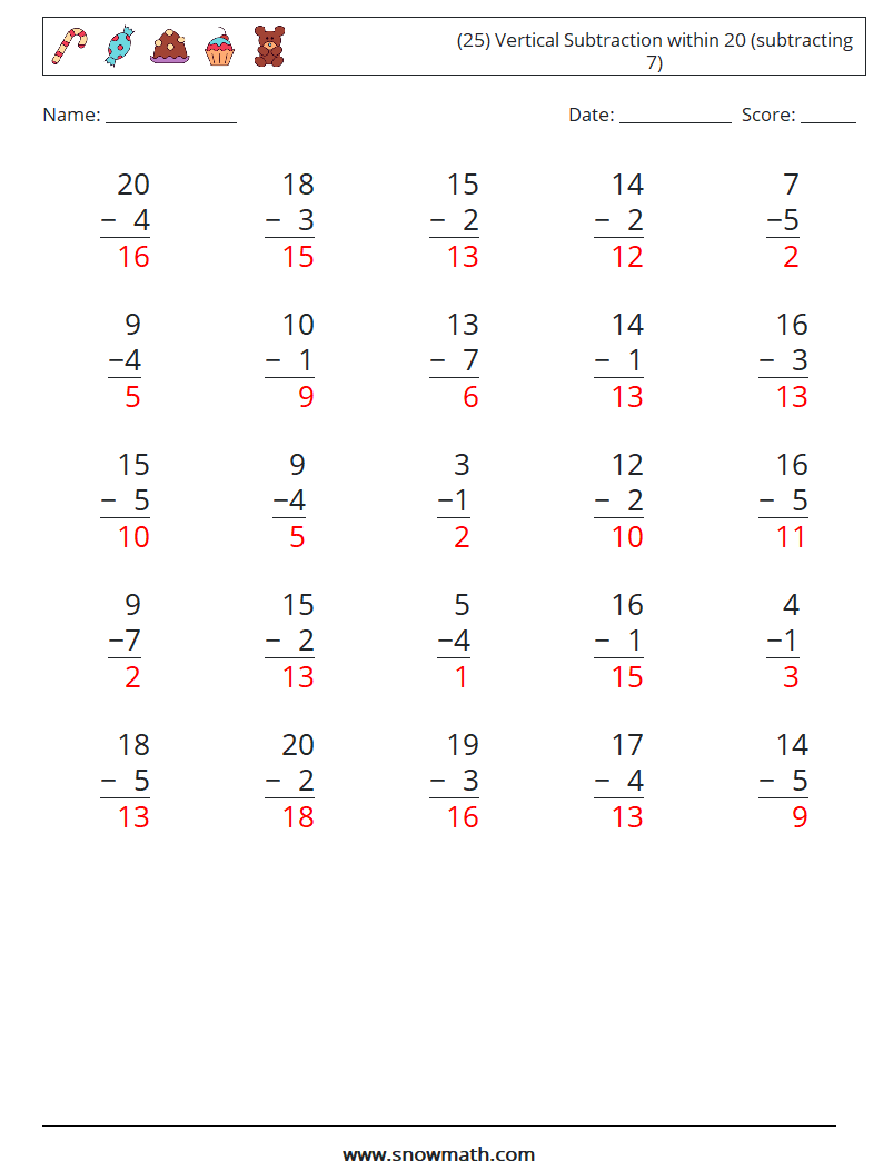 (25) Vertical Subtraction within 20 (subtracting 7) Maths Worksheets 11 Question, Answer