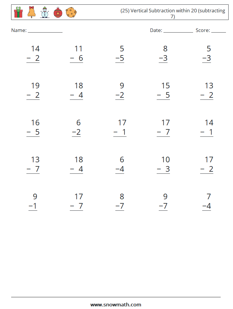 (25) Vertical Subtraction within 20 (subtracting 7) Maths Worksheets 12