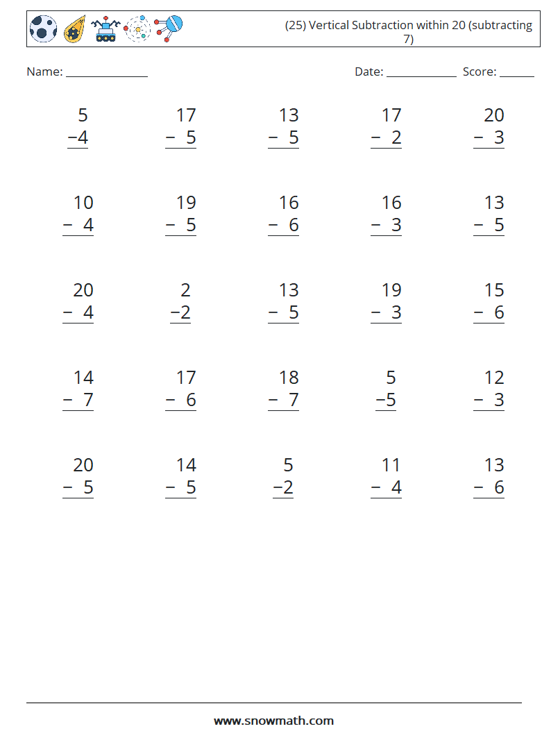 (25) Vertical Subtraction within 20 (subtracting 7) Maths Worksheets 13