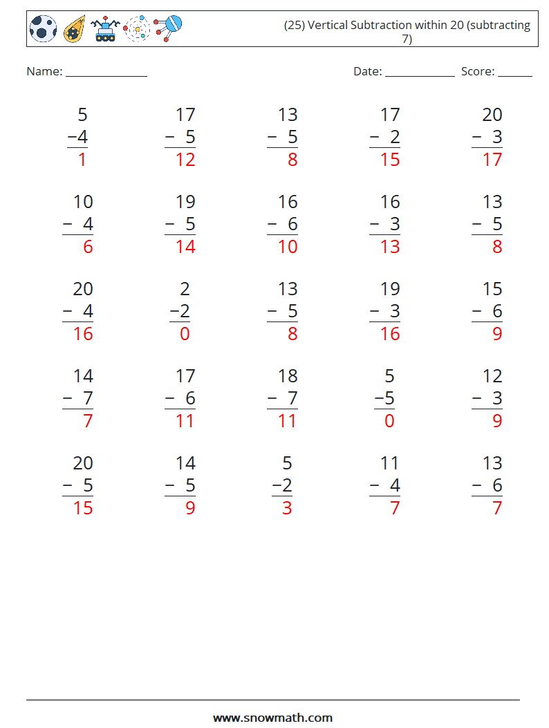 (25) Vertical Subtraction within 20 (subtracting 7) Maths Worksheets 13 Question, Answer