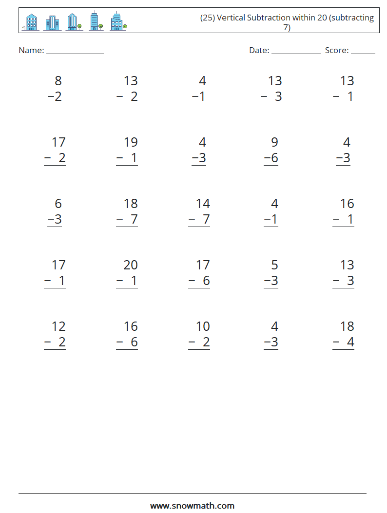 (25) Vertical Subtraction within 20 (subtracting 7) Maths Worksheets 14