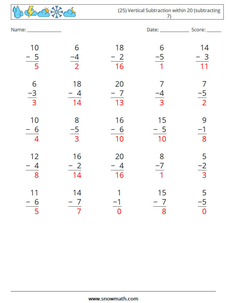 (25) Vertical Subtraction within 20 (subtracting 7) Maths Worksheets 15 Question, Answer