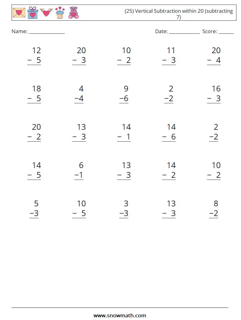 (25) Vertical Subtraction within 20 (subtracting 7) Maths Worksheets 16