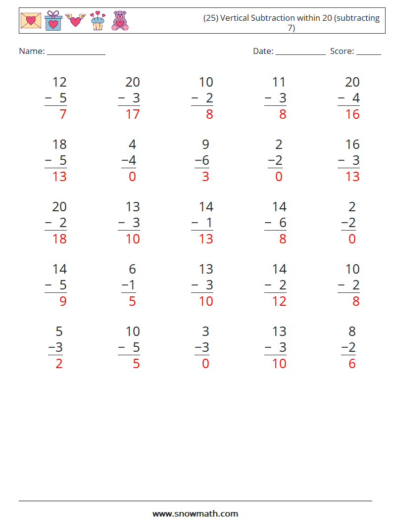 (25) Vertical Subtraction within 20 (subtracting 7) Maths Worksheets 16 Question, Answer