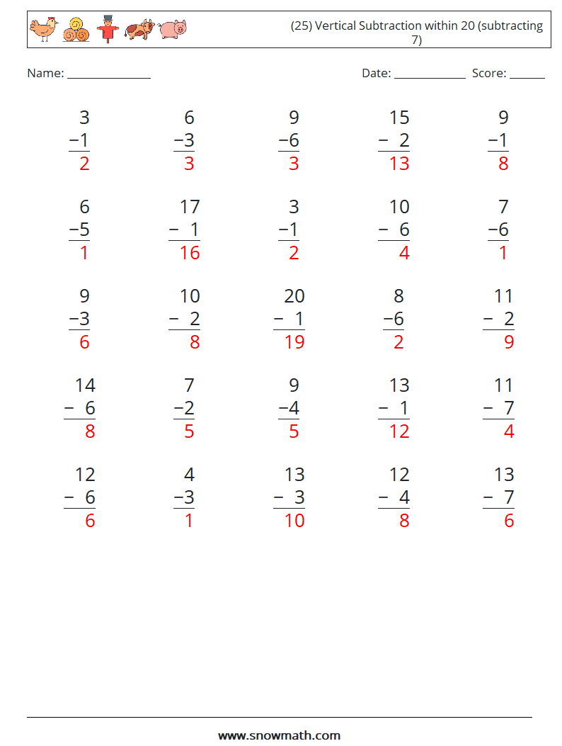 (25) Vertical Subtraction within 20 (subtracting 7) Maths Worksheets 17 Question, Answer
