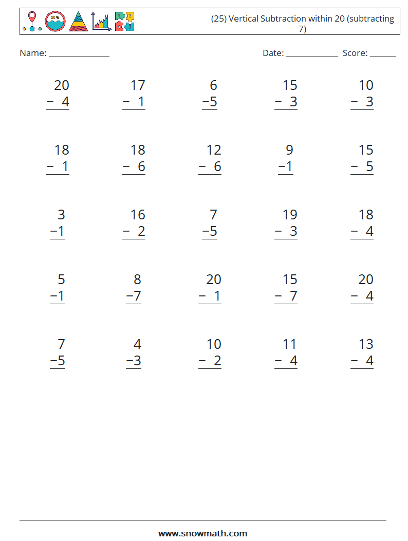 (25) Vertical Subtraction within 20 (subtracting 7) Maths Worksheets 18
