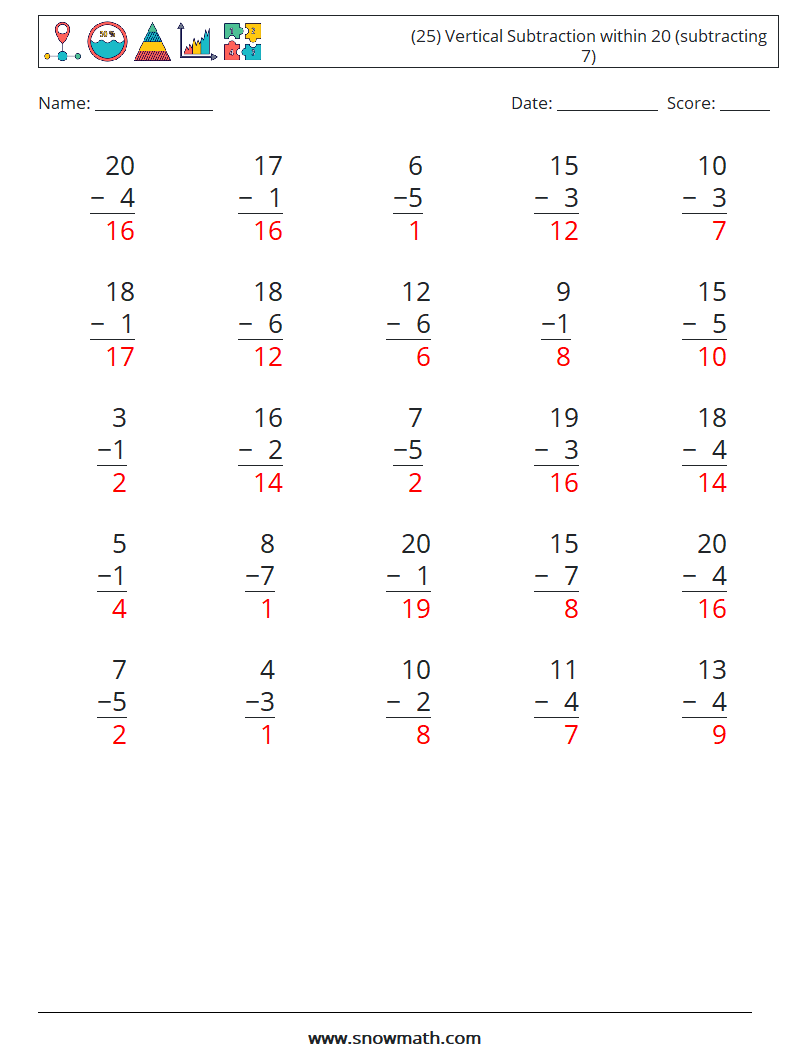 (25) Vertical Subtraction within 20 (subtracting 7) Maths Worksheets 18 Question, Answer