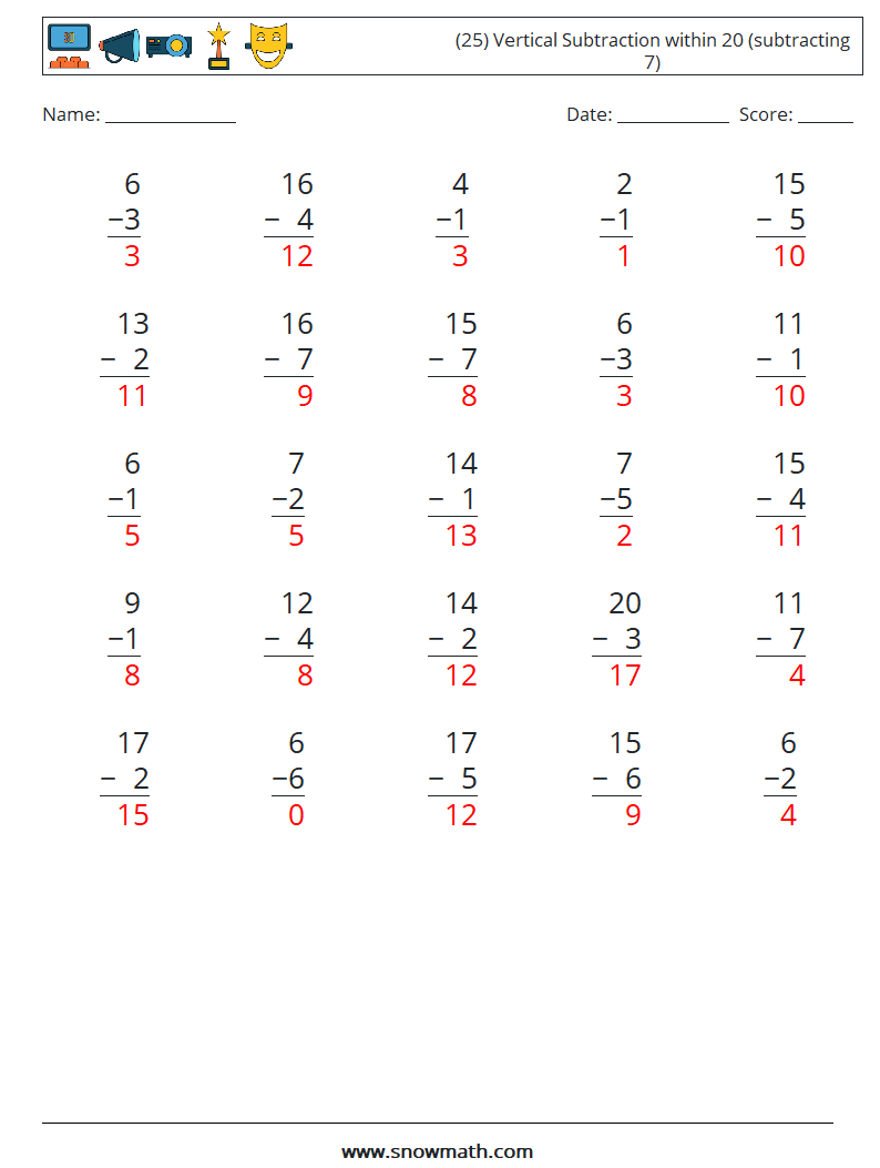 (25) Vertical Subtraction within 20 (subtracting 7) Maths Worksheets 1 Question, Answer
