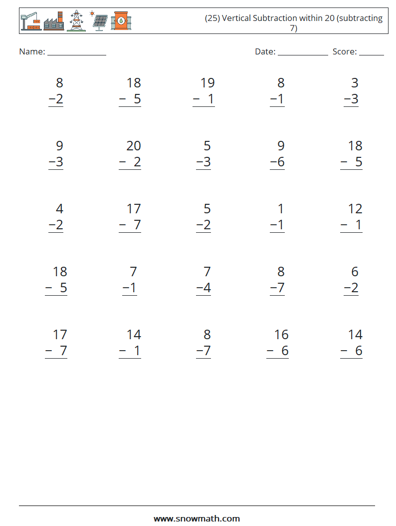 (25) Vertical Subtraction within 20 (subtracting 7) Maths Worksheets 2