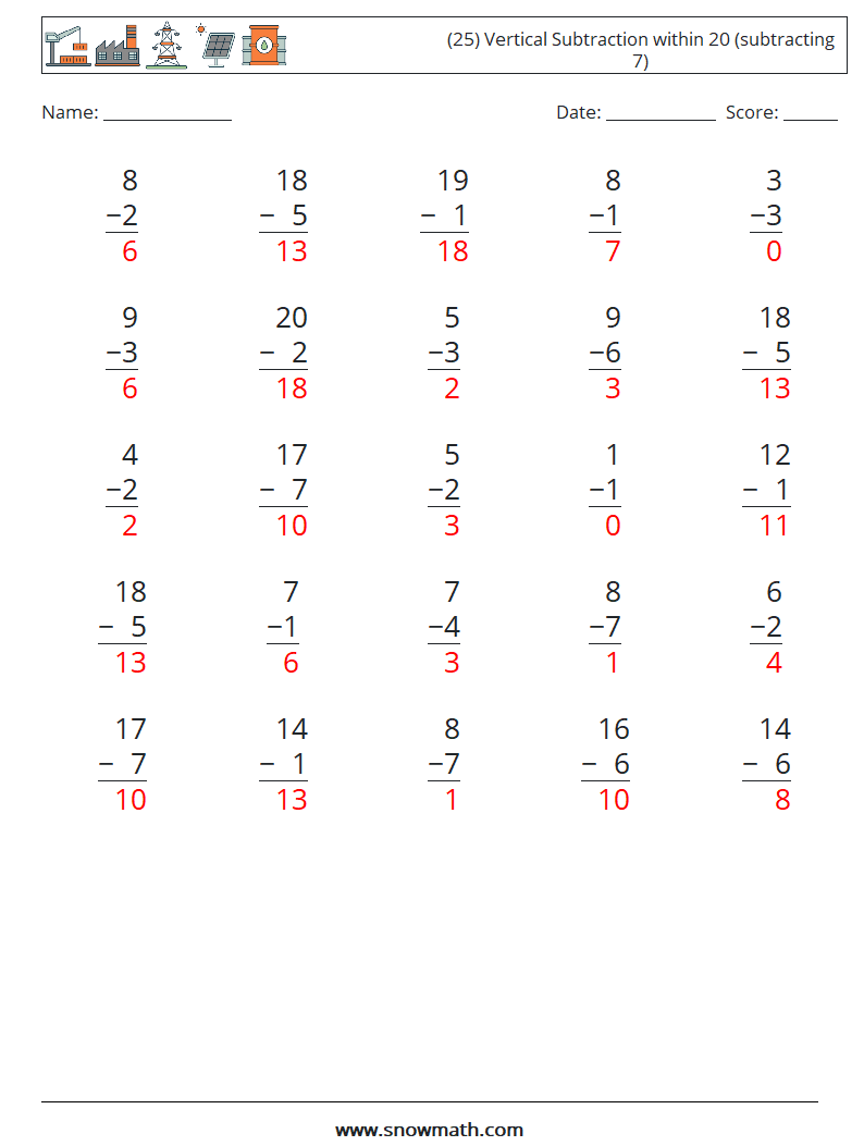 (25) Vertical Subtraction within 20 (subtracting 7) Maths Worksheets 2 Question, Answer