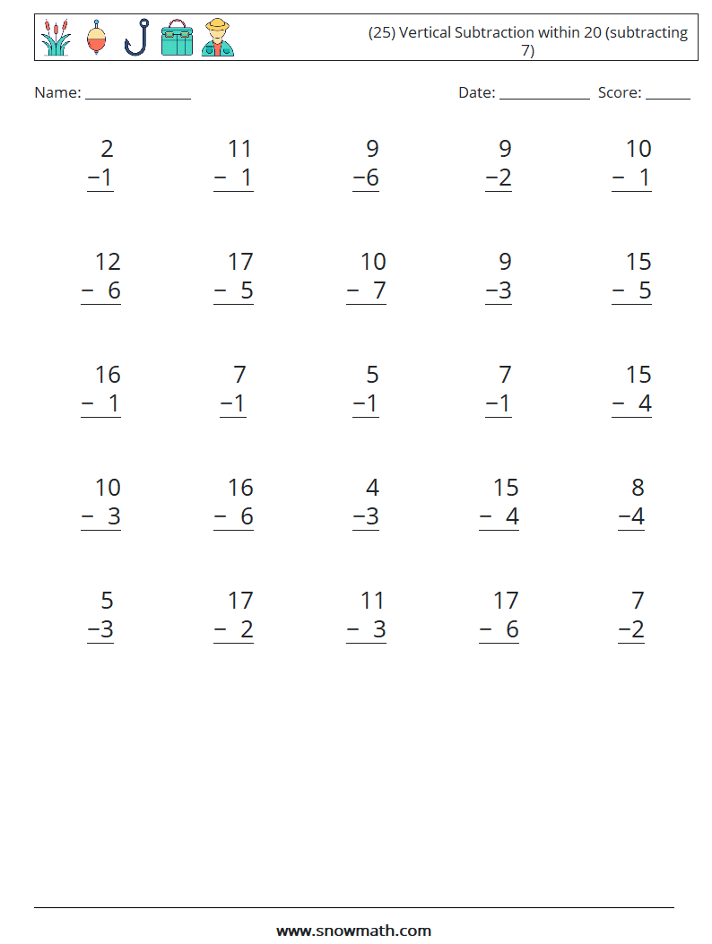 (25) Vertical Subtraction within 20 (subtracting 7) Maths Worksheets 4