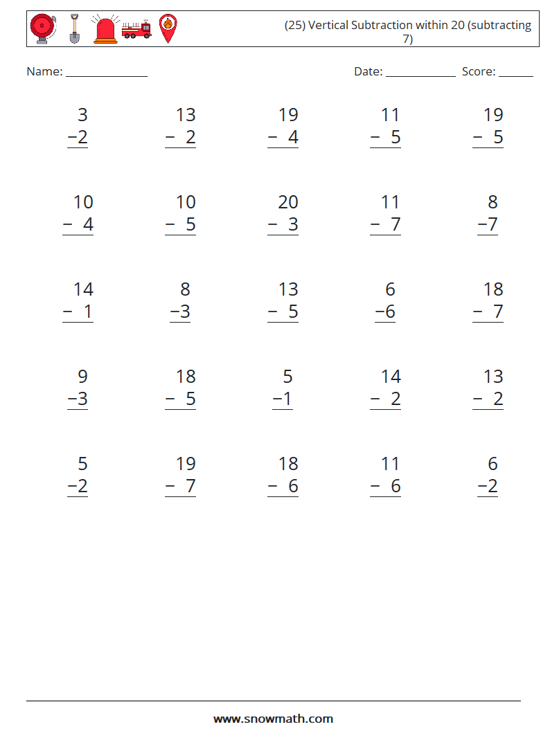 (25) Vertical Subtraction within 20 (subtracting 7) Maths Worksheets 5