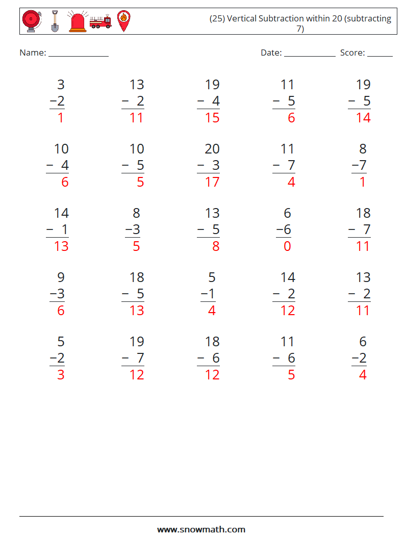 (25) Vertical Subtraction within 20 (subtracting 7) Maths Worksheets 5 Question, Answer