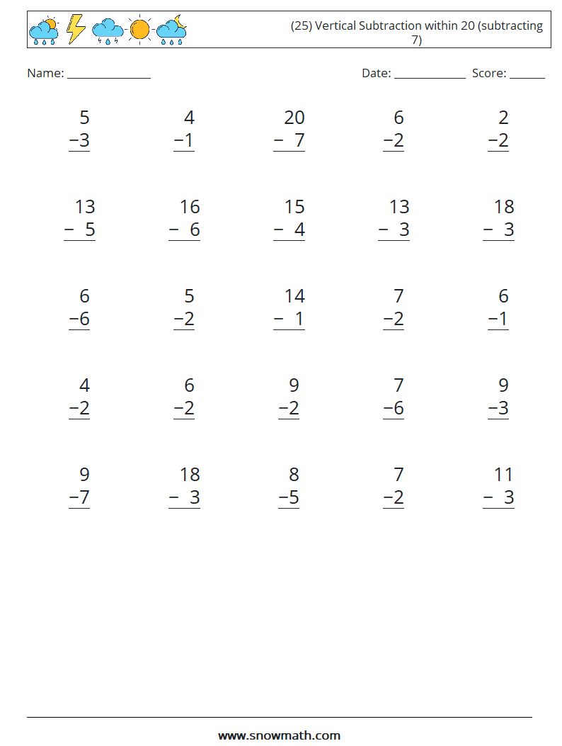 (25) Vertical Subtraction within 20 (subtracting 7) Maths Worksheets 6