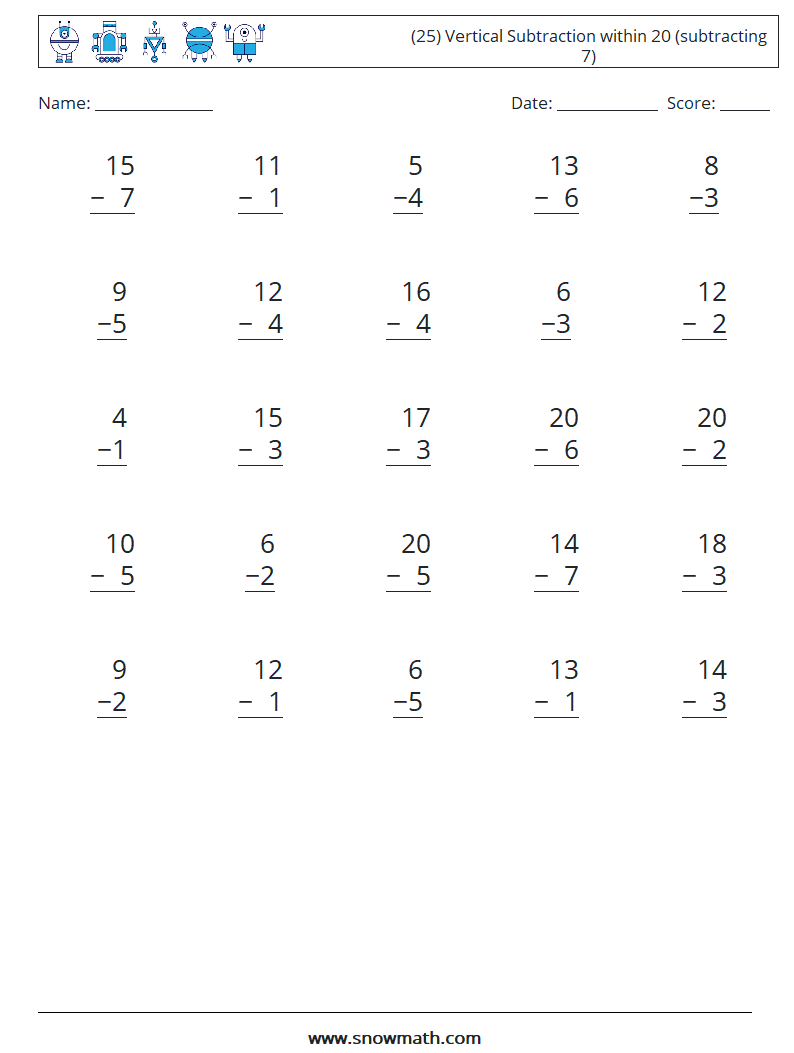 (25) Vertical Subtraction within 20 (subtracting 7) Maths Worksheets 7