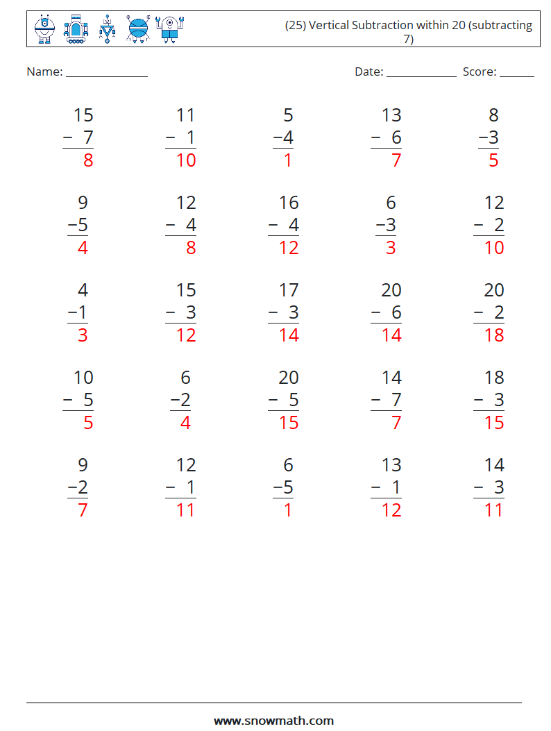(25) Vertical Subtraction within 20 (subtracting 7) Maths Worksheets 7 Question, Answer
