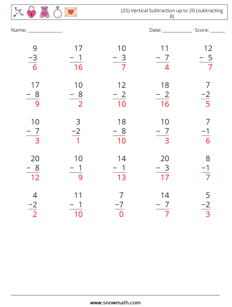 (25) Vertical Subtraction up to 20 (subtracting 8) Maths Worksheets 13 Question, Answer