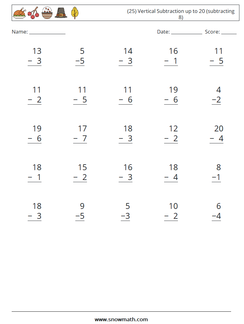 (25) Vertical Subtraction up to 20 (subtracting 8) Maths Worksheets 14