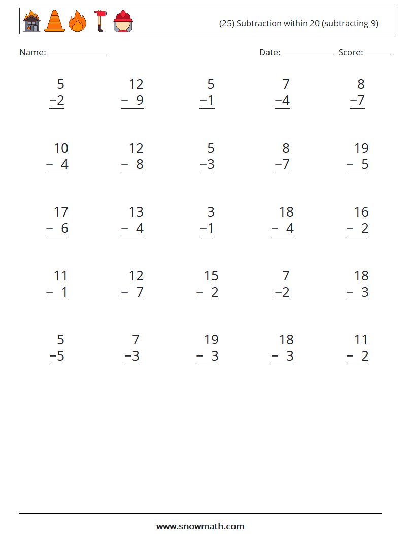 (25) Subtraction within 20 (subtracting 9) Maths Worksheets 10