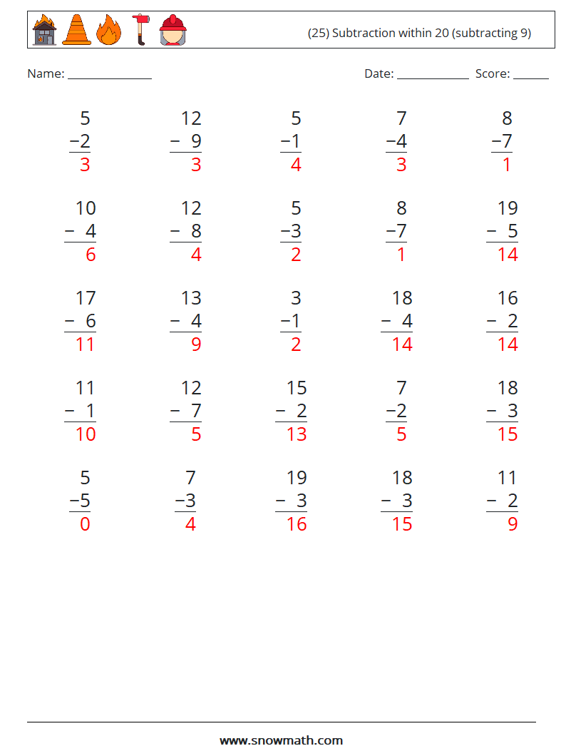 (25) Subtraction within 20 (subtracting 9) Maths Worksheets 10 Question, Answer