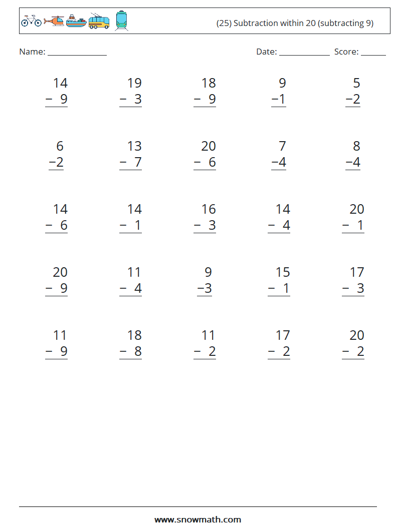 (25) Subtraction within 20 (subtracting 9) Maths Worksheets 11