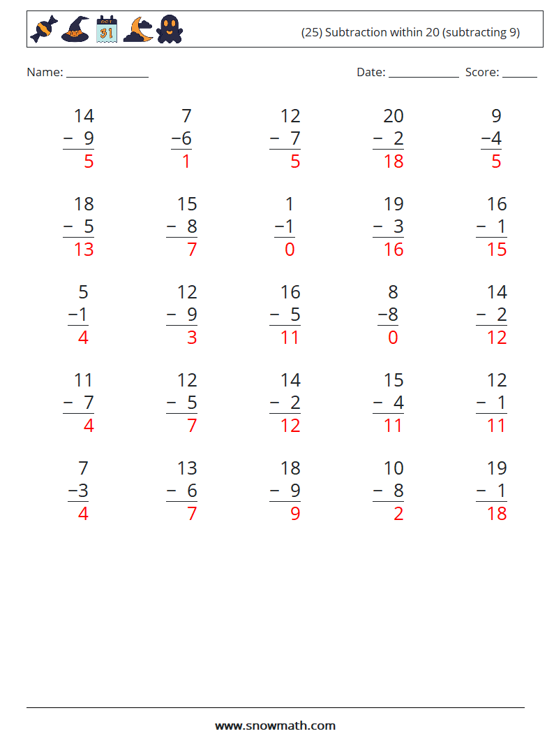 (25) Subtraction within 20 (subtracting 9) Maths Worksheets 12 Question, Answer