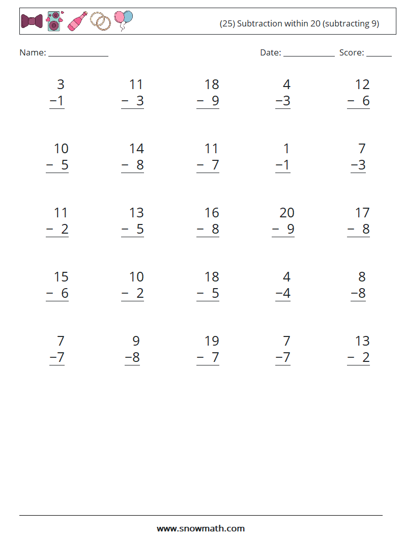 (25) Subtraction within 20 (subtracting 9) Maths Worksheets 13