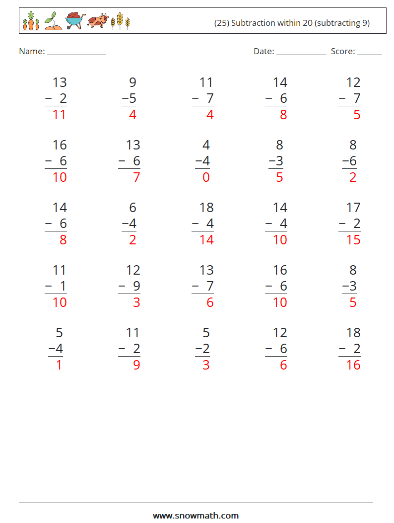 (25) Subtraction within 20 (subtracting 9) Maths Worksheets 17 Question, Answer