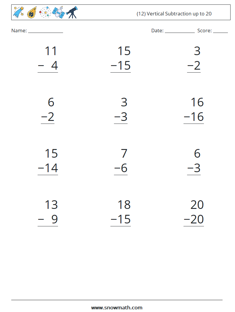 (12) Vertical Subtraction up to 20 Maths Worksheets 1