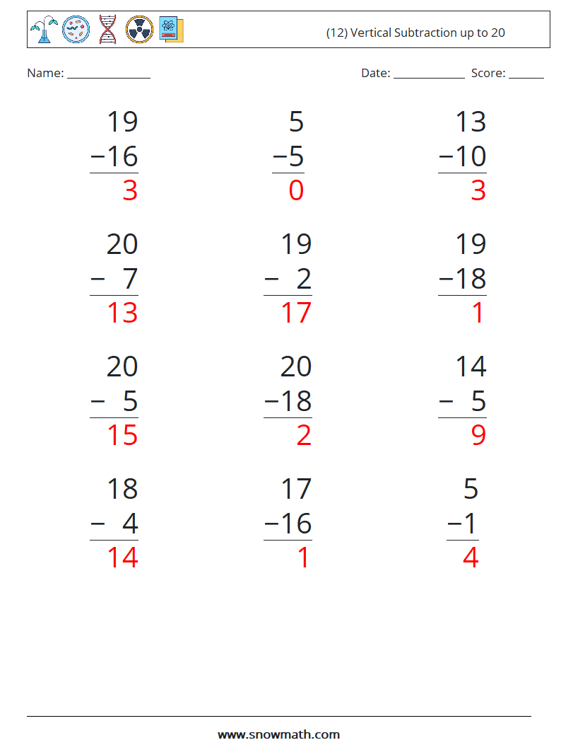 (12) Vertical Subtraction up to 20 Maths Worksheets 11 Question, Answer