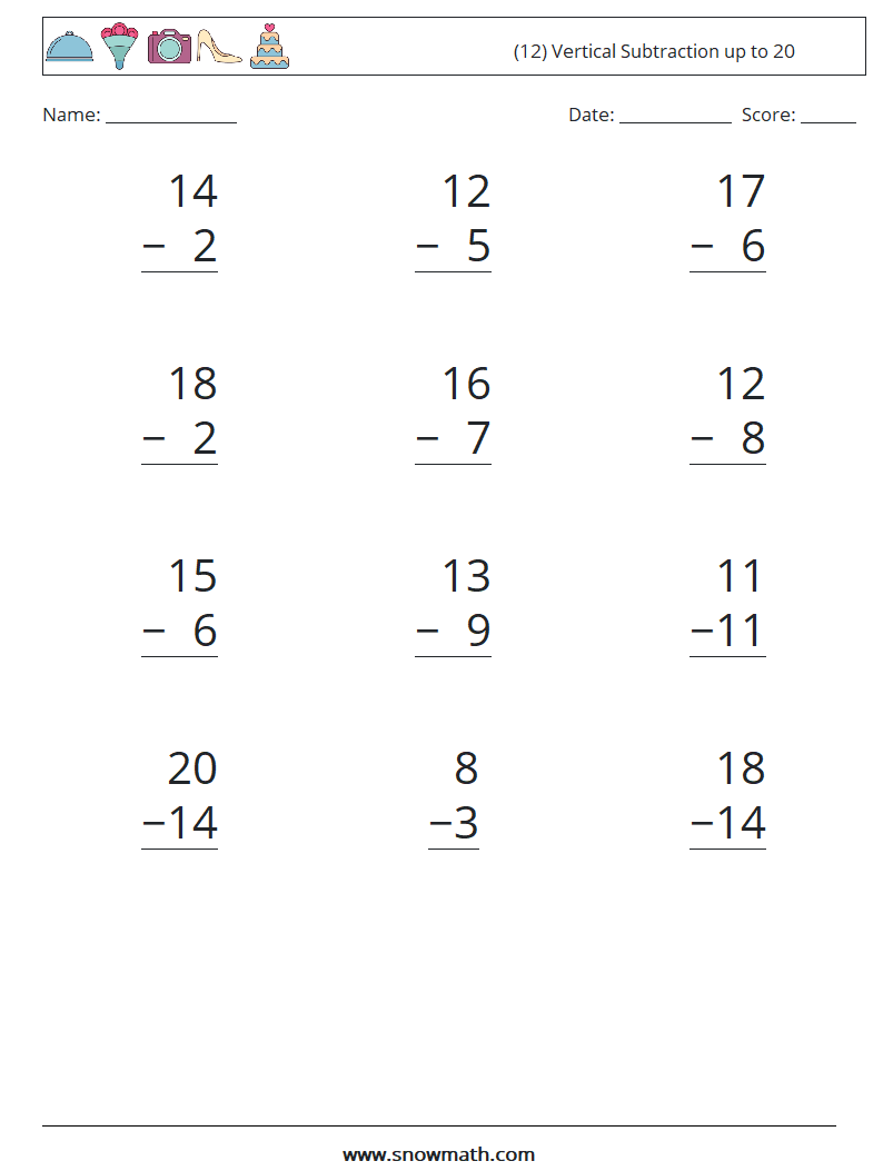 (12) Vertical Subtraction up to 20 Maths Worksheets 12