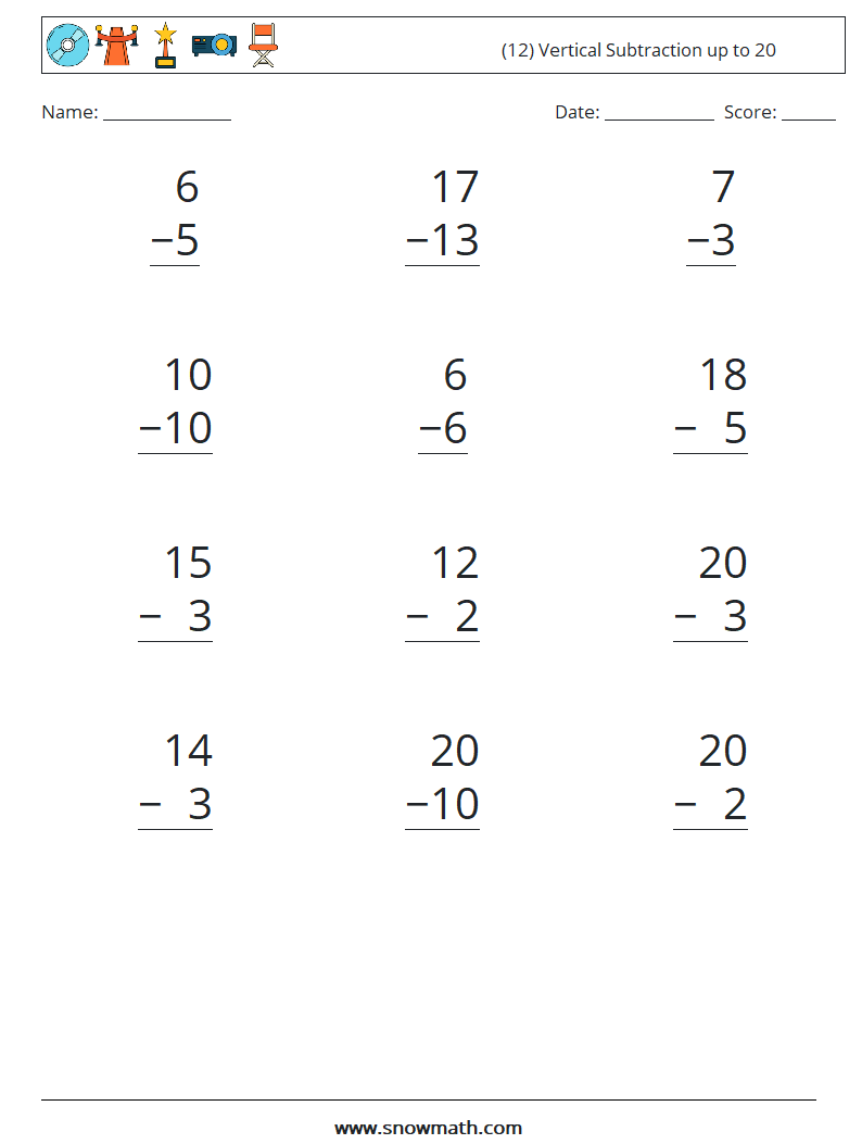 (12) Vertical Subtraction up to 20 Maths Worksheets 14