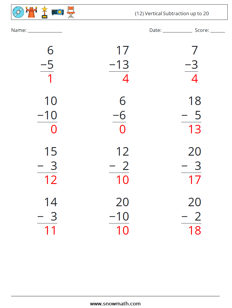 (12) Vertical Subtraction up to 20 Maths Worksheets 14 Question, Answer