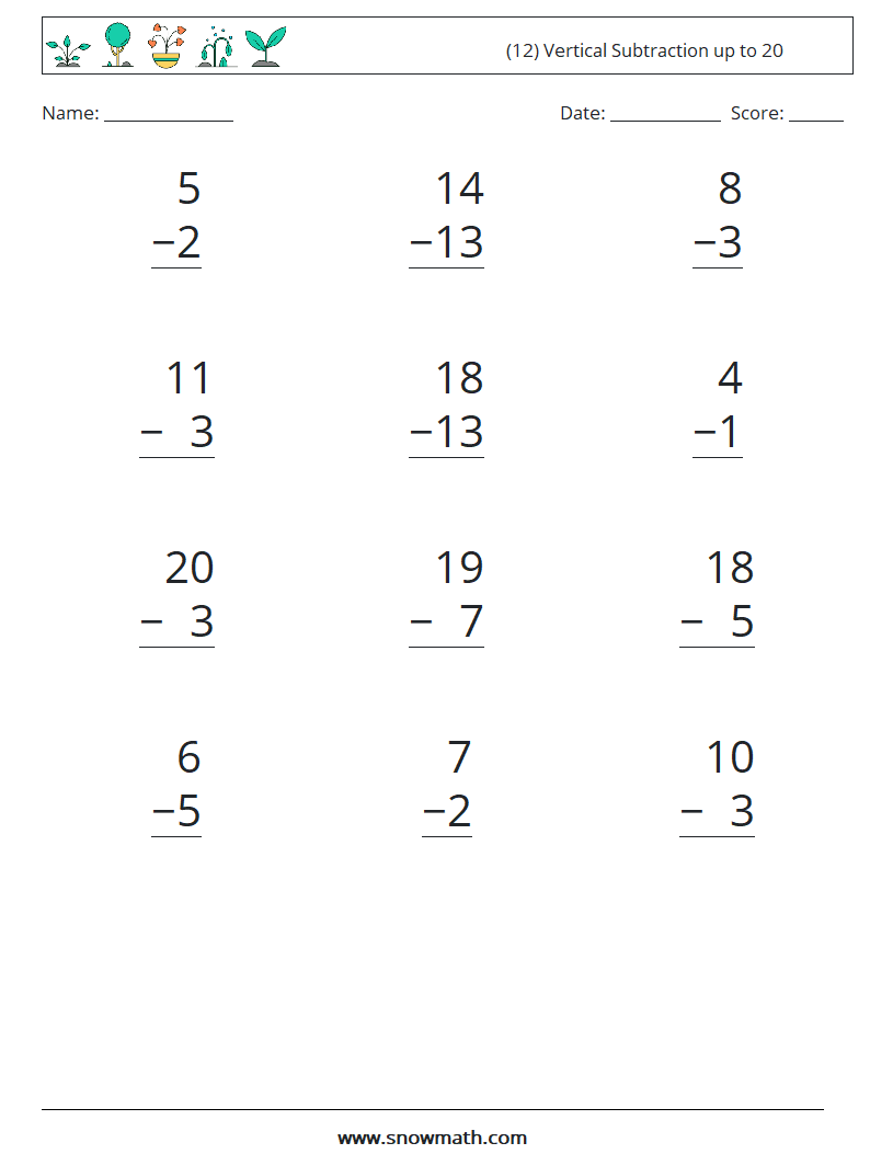 (12) Vertical Subtraction up to 20 Maths Worksheets 15
