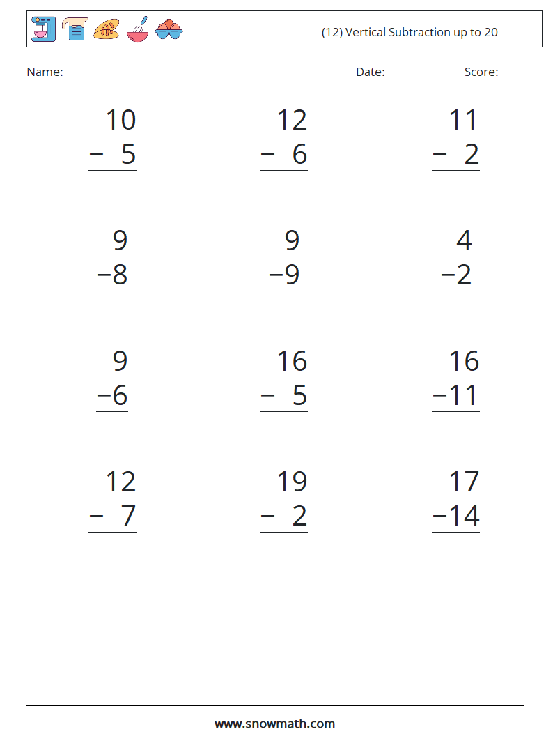 (12) Vertical Subtraction up to 20 Maths Worksheets 16