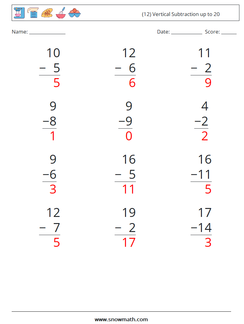(12) Vertical Subtraction up to 20 Maths Worksheets 16 Question, Answer