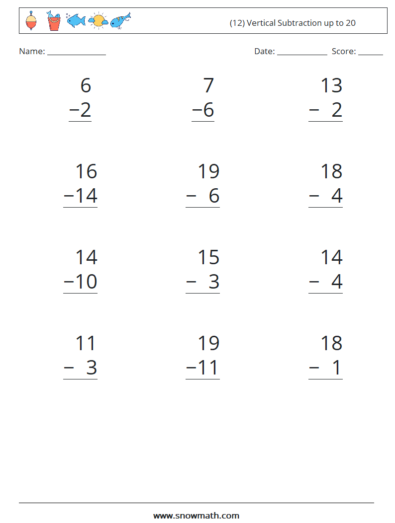 (12) Vertical Subtraction up to 20 Maths Worksheets 18