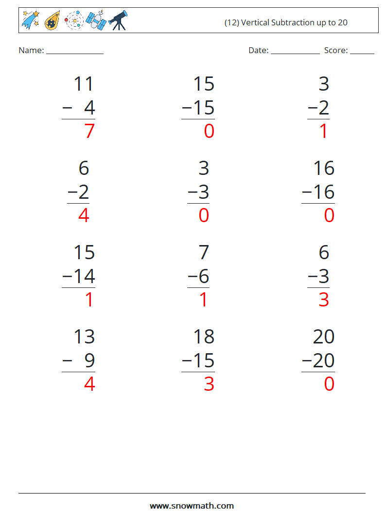 (12) Vertical Subtraction up to 20 Maths Worksheets 1 Question, Answer