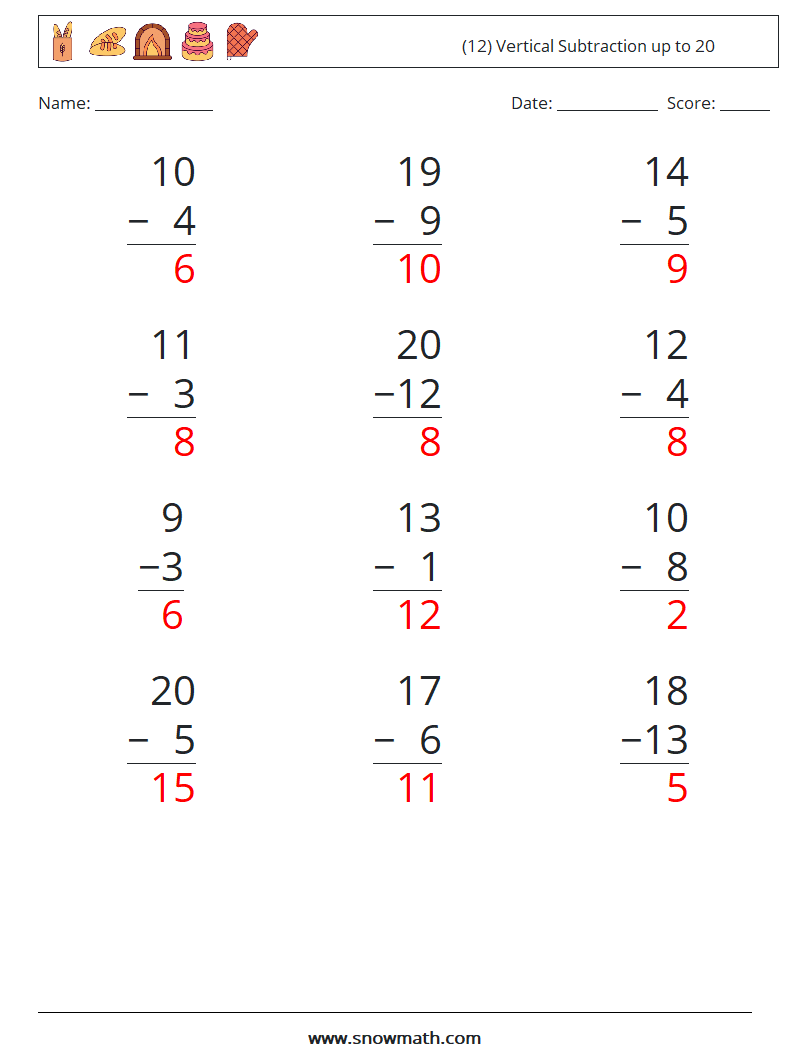 (12) Vertical Subtraction up to 20 Maths Worksheets 2 Question, Answer