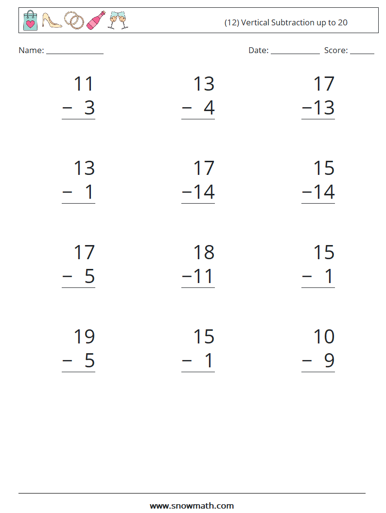 (12) Vertical Subtraction up to 20 Maths Worksheets 3