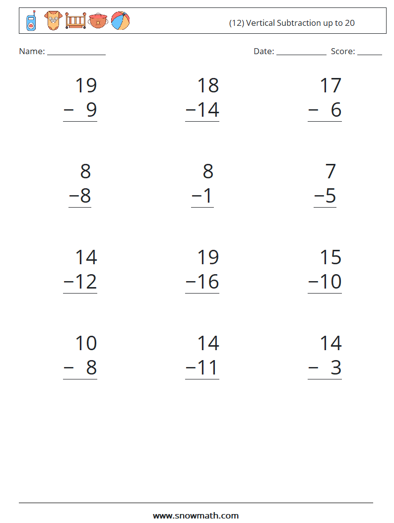 (12) Vertical Subtraction up to 20 Maths Worksheets 4