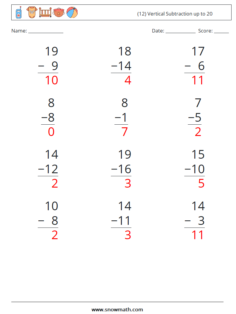 (12) Vertical Subtraction up to 20 Maths Worksheets 4 Question, Answer
