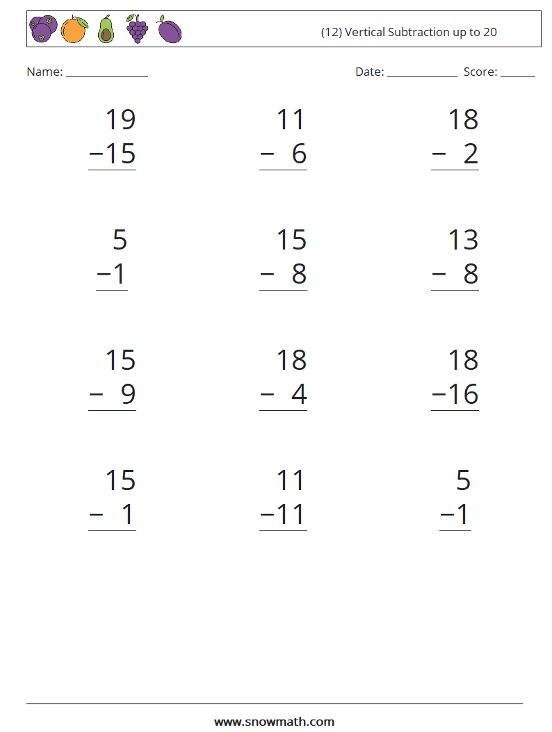 (12) Vertical Subtraction up to 20 Maths Worksheets 5