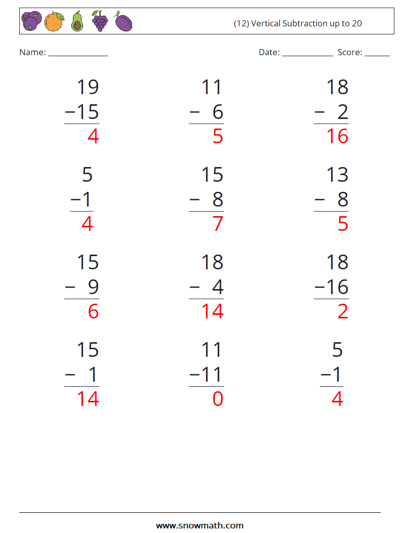 (12) Vertical Subtraction up to 20 Maths Worksheets 5 Question, Answer