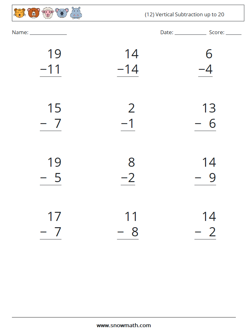 (12) Vertical Subtraction up to 20 Maths Worksheets 6