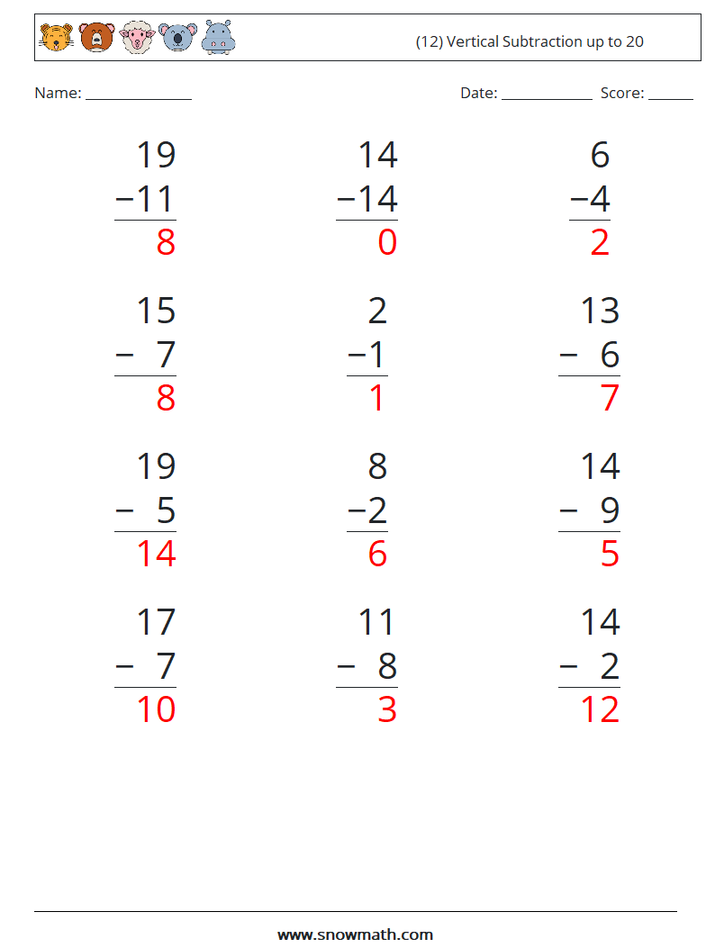 (12) Vertical Subtraction up to 20 Maths Worksheets 6 Question, Answer