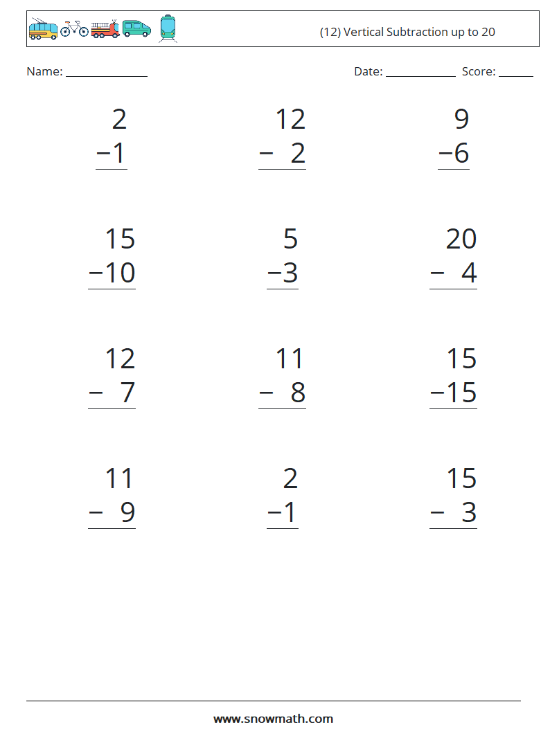 (12) Vertical Subtraction up to 20 Maths Worksheets 7