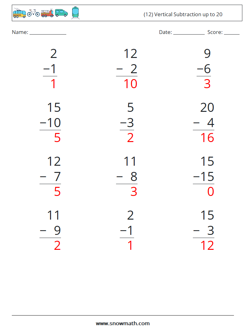 (12) Vertical Subtraction up to 20 Maths Worksheets 7 Question, Answer