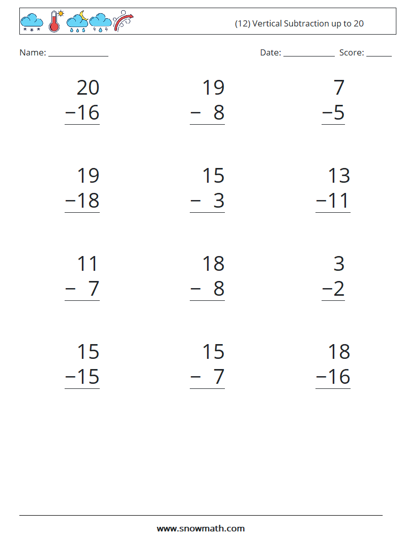 (12) Vertical Subtraction up to 20 Maths Worksheets 8