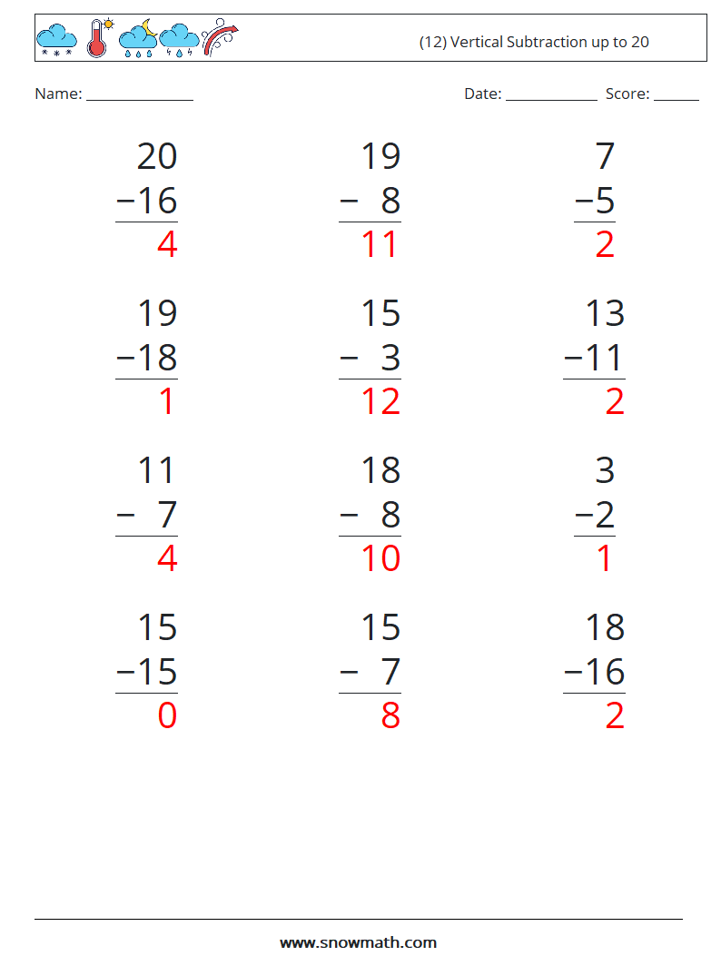 (12) Vertical Subtraction up to 20 Maths Worksheets 8 Question, Answer